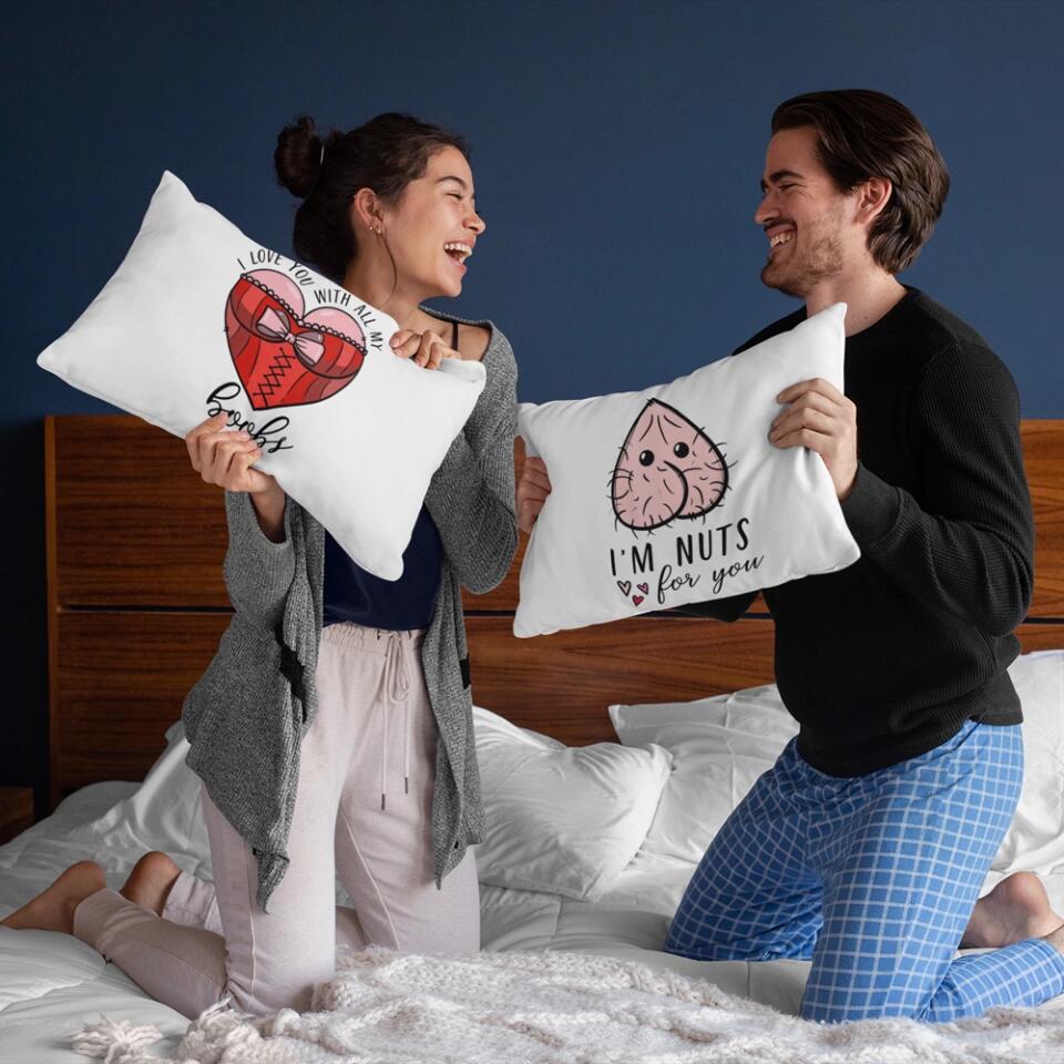 Personalized Valentine Gifts - I Love You With All My Boobs I'm Nuts About You Rectangle Pillow Funny Gift For Couple