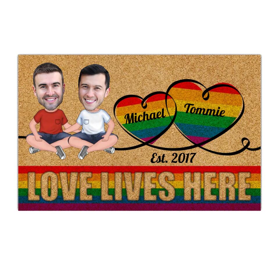Personalized Valentine Gifts - Love Lives Here - Housewarming Gifts - Custom Doormat - Anniversary Gift For LGBT Couples