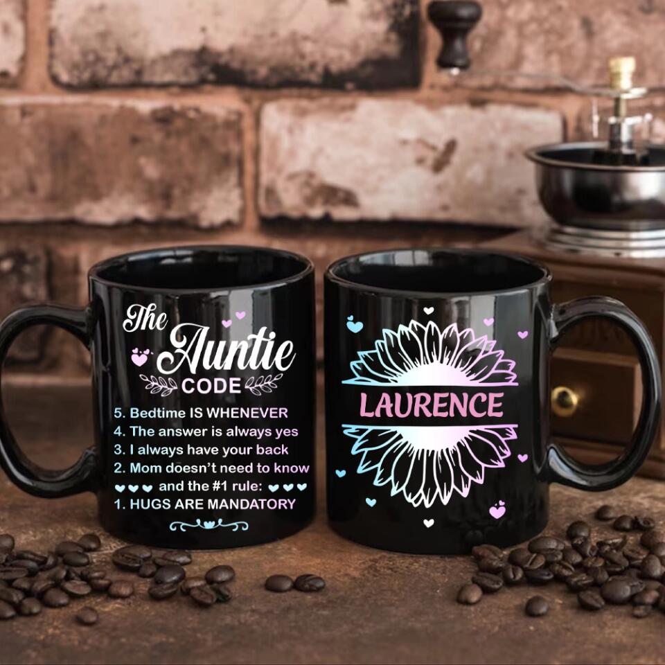 The Auntie Code Cup, Personalized Name with Flower Black Mug, Best Gift For Aunt from Niece/Nephew