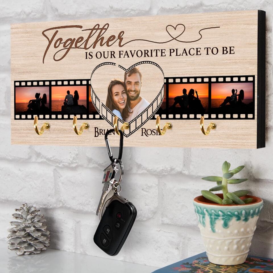Couple Wooden Sign Together is Our Favorite Place To Be - Personalized Wooden Key Holder - Custom Photo & Names