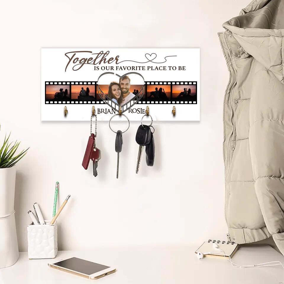 Couple Wooden Sign Together is Our Favorite Place To Be - Personalized Wooden Key Holder - Custom Photo & Names