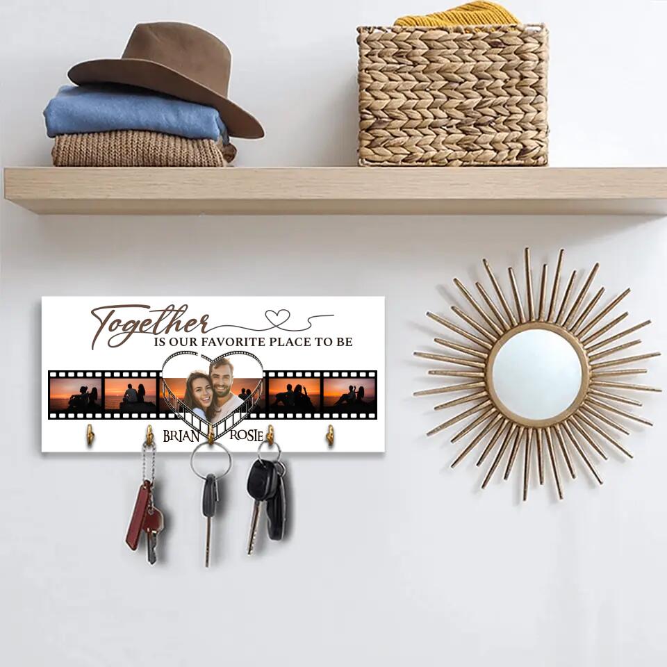 Couple Wooden Sign Together is Our Favorite Place To Be - Personalized Wooden Key Holder - Custom Photo & Names