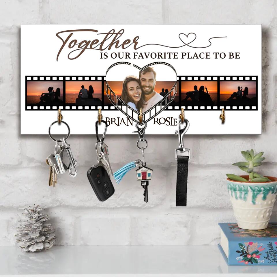 Couple Wooden Sign Together is Our Favorite Place To Be - Personalized Wooden Key Holder - Custom Photo & Names