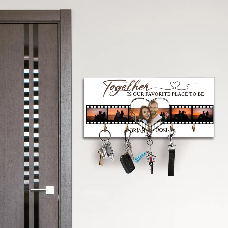 Couple Wooden Sign Together is Our Favorite Place To Be - Personalized Wooden Key Holder - Custom Photo & Names