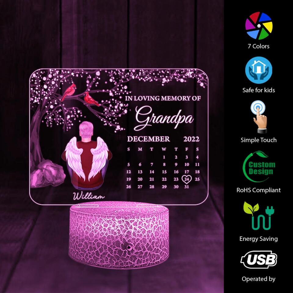 In Loving Memory of Angel In Heaven - Personalized Calendar Night Light - Memorial Gift for Loss of Dad, Grandpa, Husband