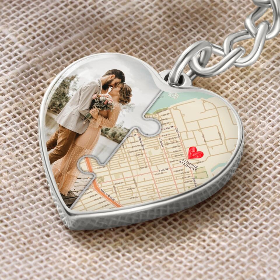 Custom Map And Photo Keychain And Heart Necklace Anniversary Gift For Her