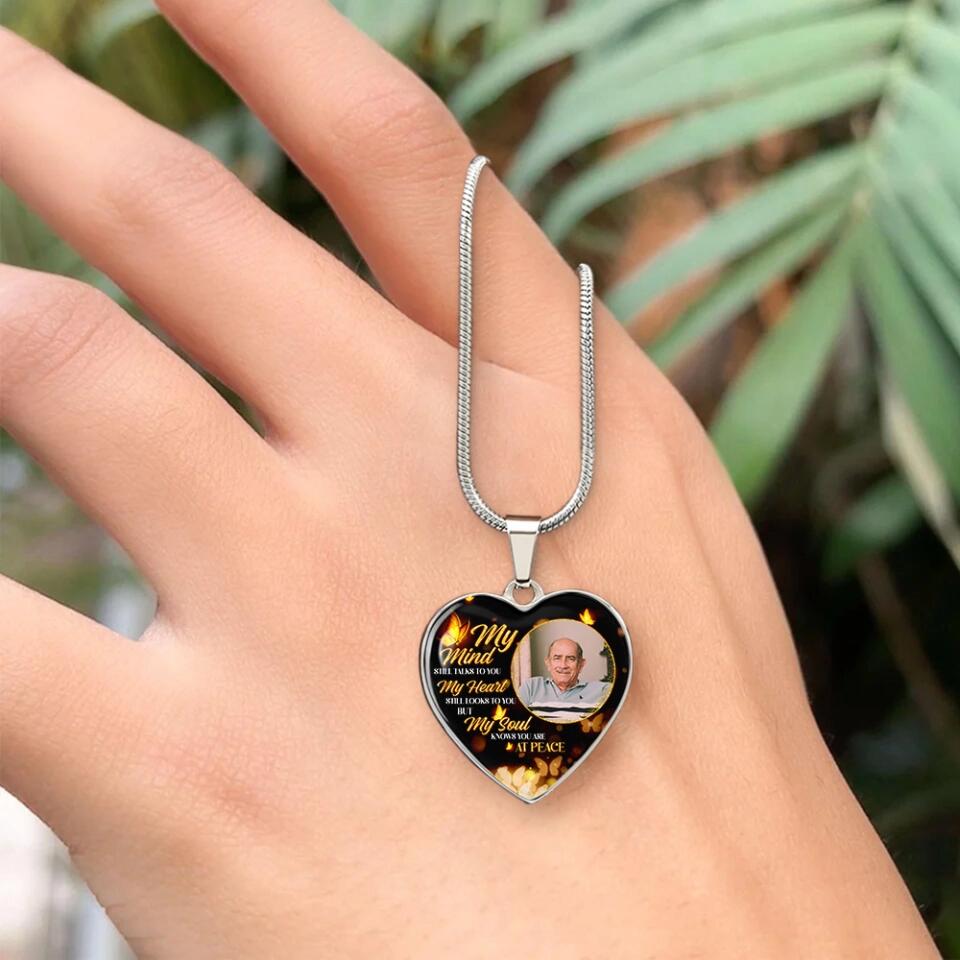 My Soul Knows You Are At Peace, Custom Photo Heart Silver Necklace, Memorial Gifts For Loss Of Familly