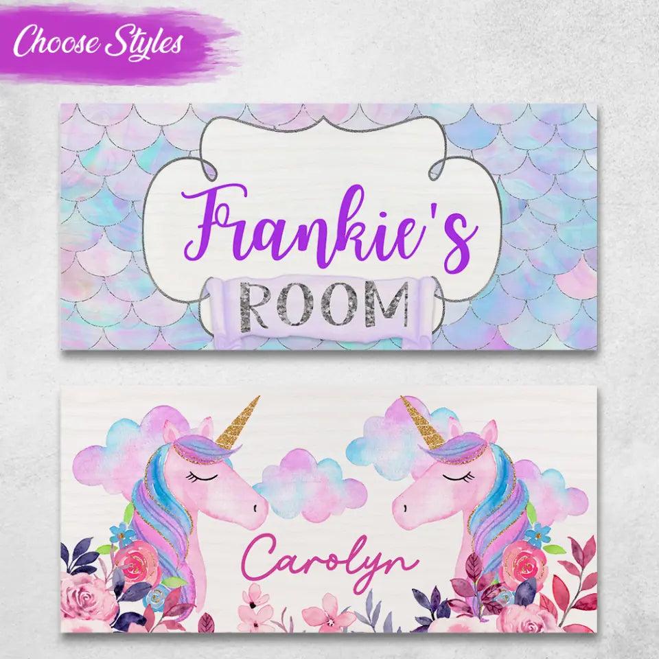 Mermaid & Unicorn Style Girl's Room Personalized Wooden Sign