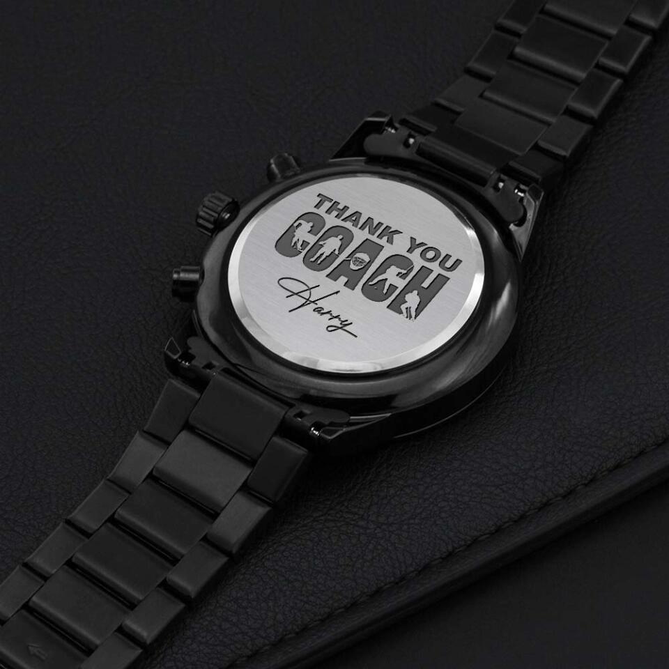 Thank You Hockey Coach - Personalized Stainless Steel Engraved Chronograph Watch - Appreciation Gift For Hockey Coaches