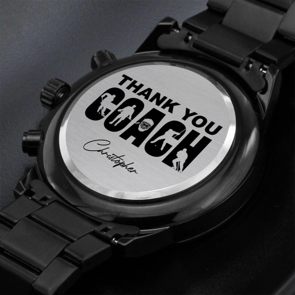 Thank You Hockey Coach - Personalized Stainless Steel Engraved Chronograph Watch - Appreciation Gift For Hockey Coaches