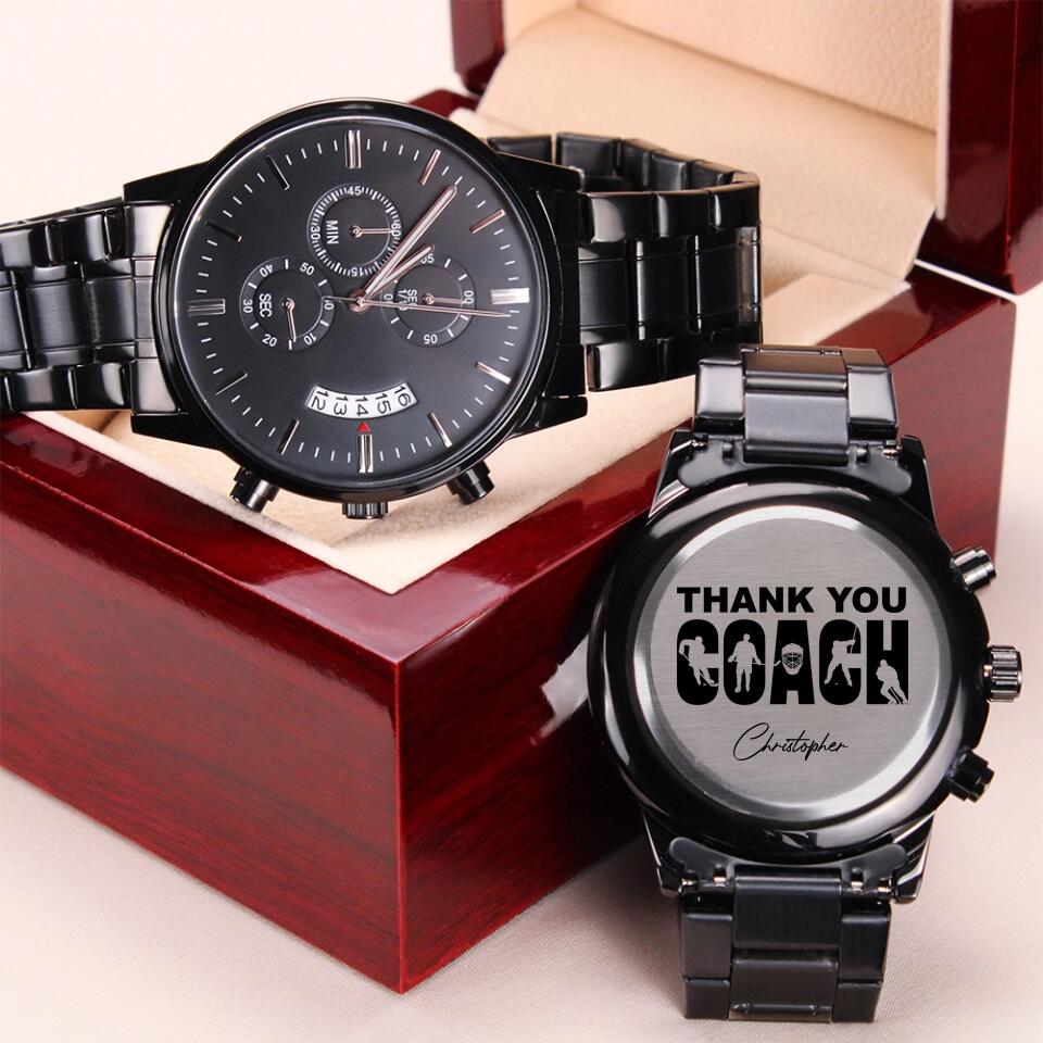 Thank You Hockey Coach - Personalized Stainless Steel Engraved Chronograph Watch - Appreciation Gift For Hockey Coaches
