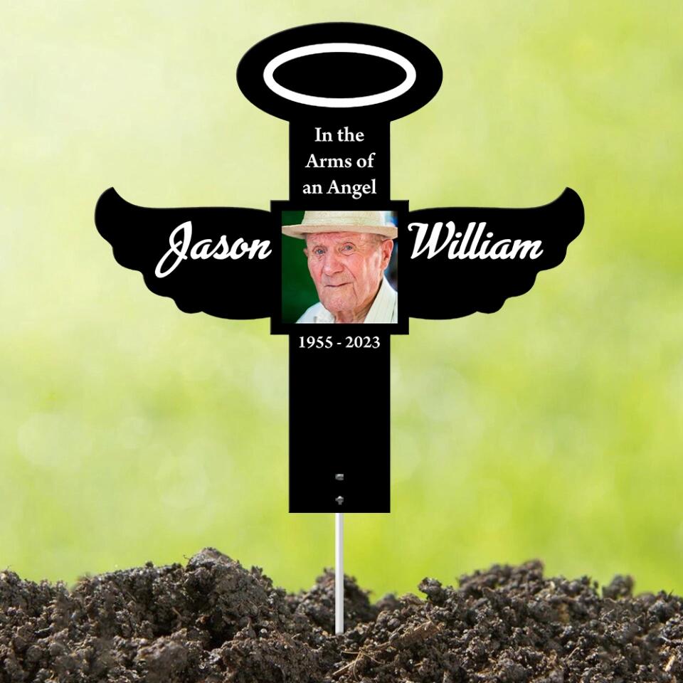 In the Arms of an Angel Personalized Cross Shape Metal Sign