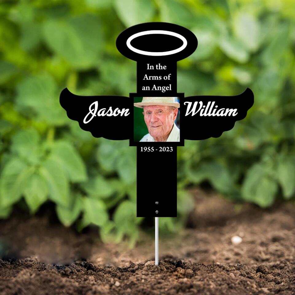 In the Arms of an Angel Personalized Cross Shape Metal Sign