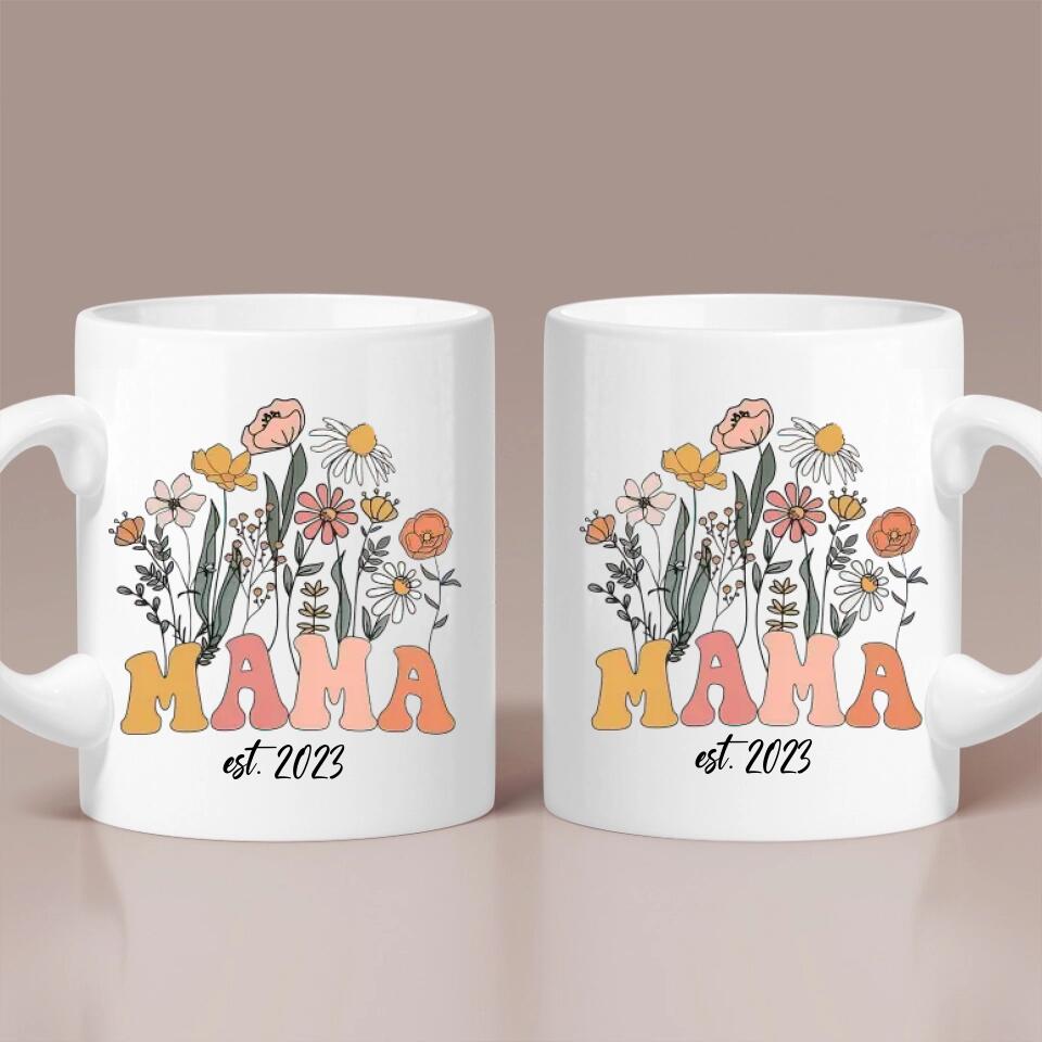 Vintage Flowers Mama Est - White Mug - Custom Year - Mother's Day Gift