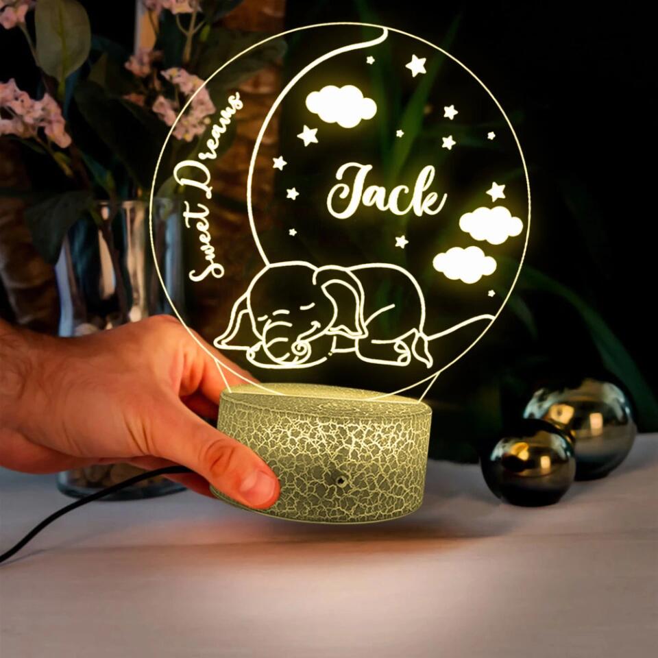 Sweet Dreams Elephants Lamp, Personalized 3D Led Light, Cute Gift For Kid, Nursery Room Decor
