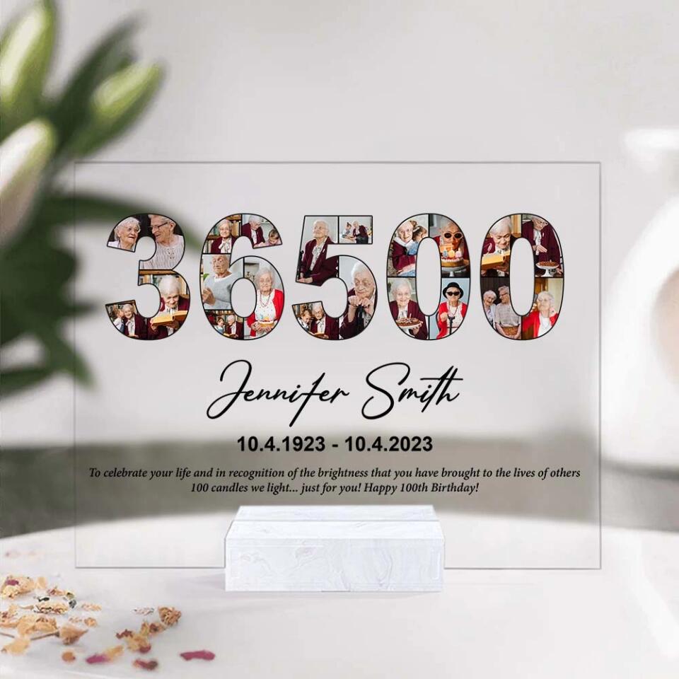 36500 Days - Personalized Acrylic Plaque - Custom Name, Date & Photo - 100th Birthday Gift