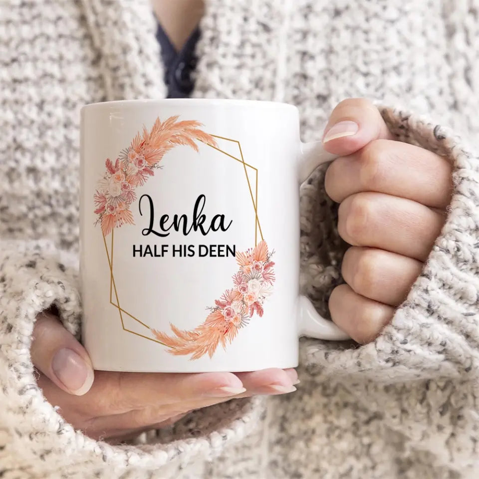 Half His/Her Deen - Personalized White Mug - Eid Mubarak Ramadan Gift