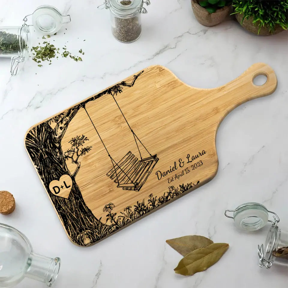 Tree River And Couple Name Letter - Housewarming Gift - Custom Wooden Cutting Board - Anniversary Gift For Couples