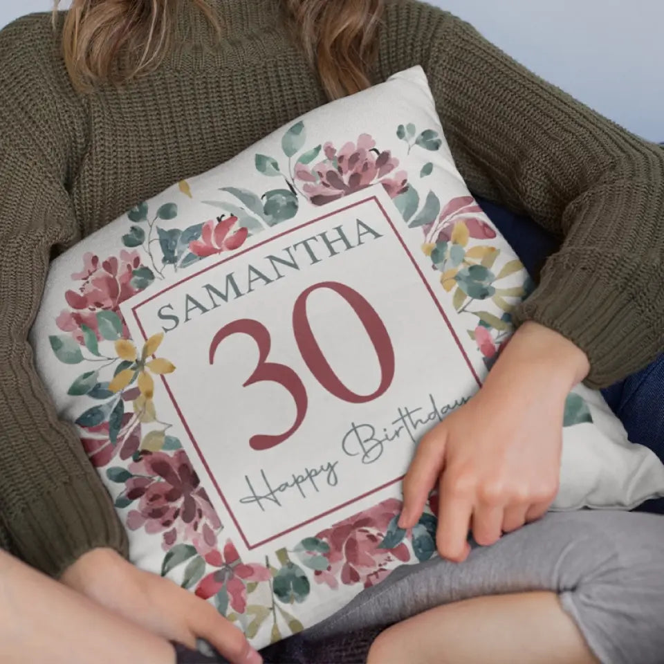 Floral Design Personalized Square Linen Pillow Birthday Gift