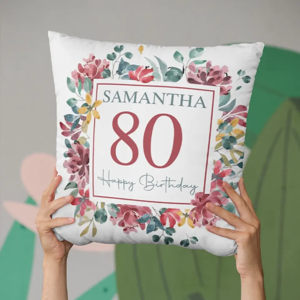 Floral Design Personalized Square Linen Pillow Birthday Gift