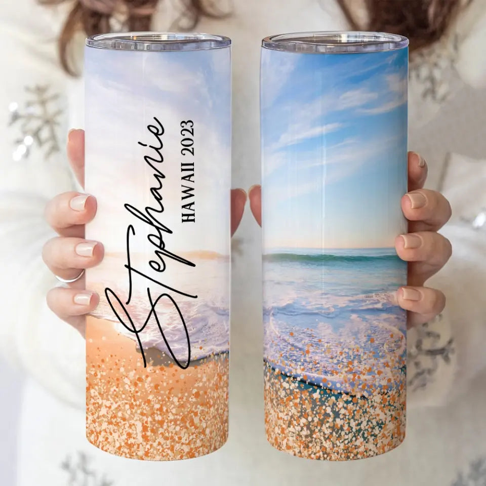 Beach Background Tumbler - Personalized 20oz Skinny Tumbler - Beach Gifts for Mom