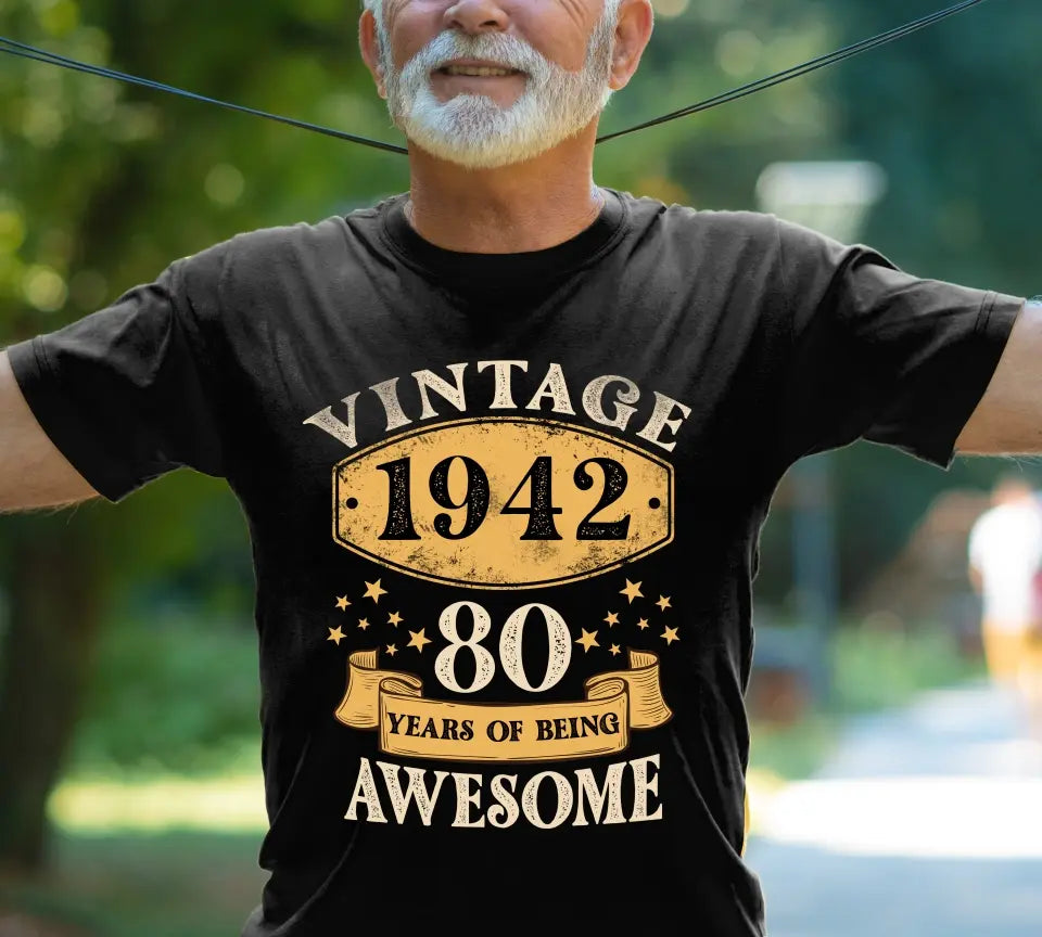 Vintage 1943, 80 Years Of Being Awesome - Personalized T-shirt - Custom Year & Age - 80th Birthday Gift