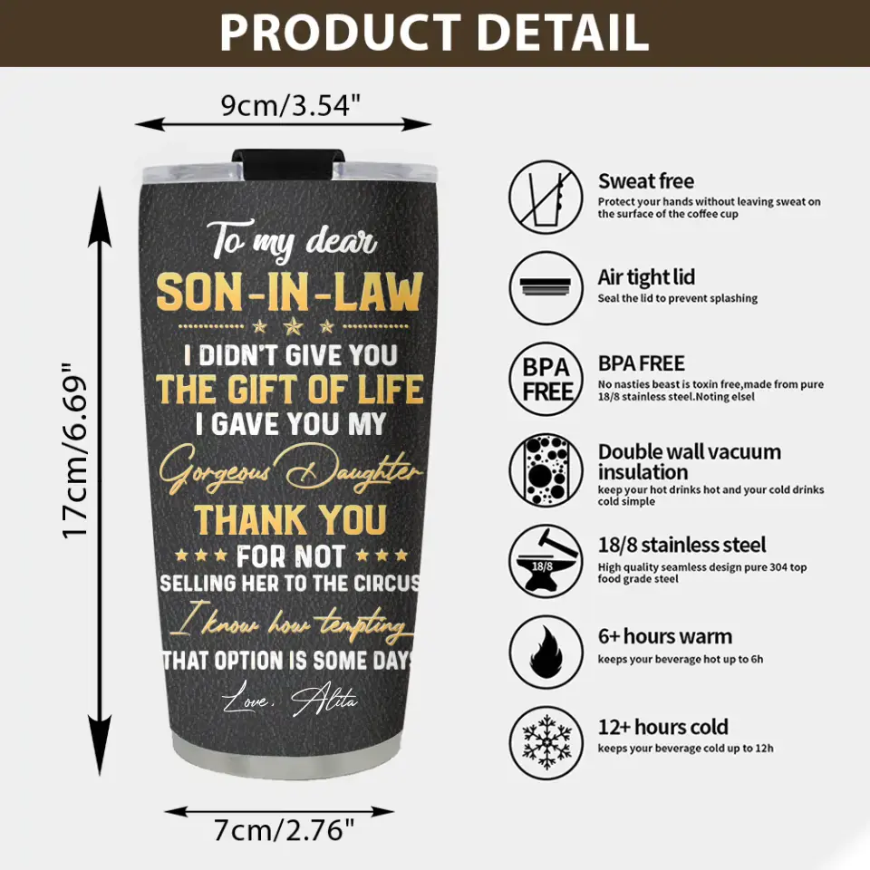 To My Dear Son-In-Law - Personalized Stainless Steel Tumbler - Gift For Son-in-law