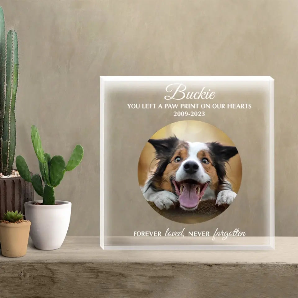 You Left A Paw Print On Our Hearts - Personalized Acrylic Plaque - Memorial Gift For Dog/Cat Lovers