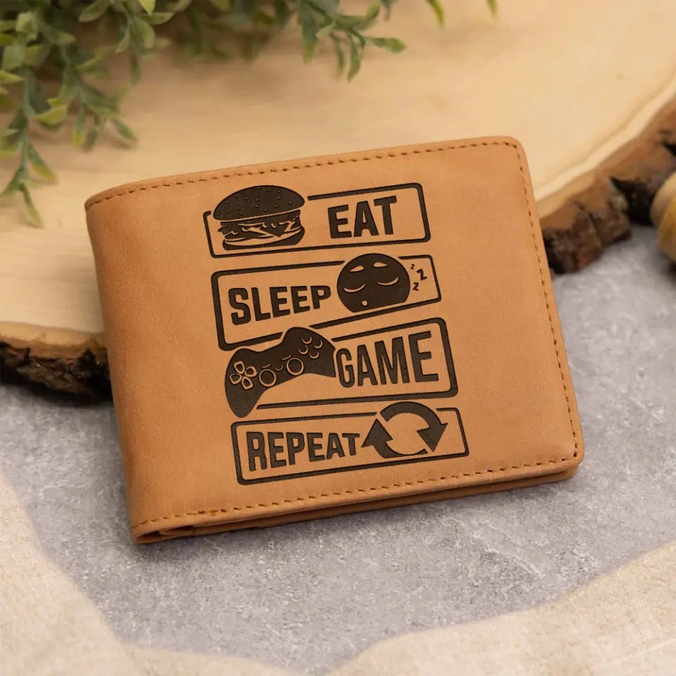 Eat Sleep Game Repeat Personalized Engraved Leather Wallet