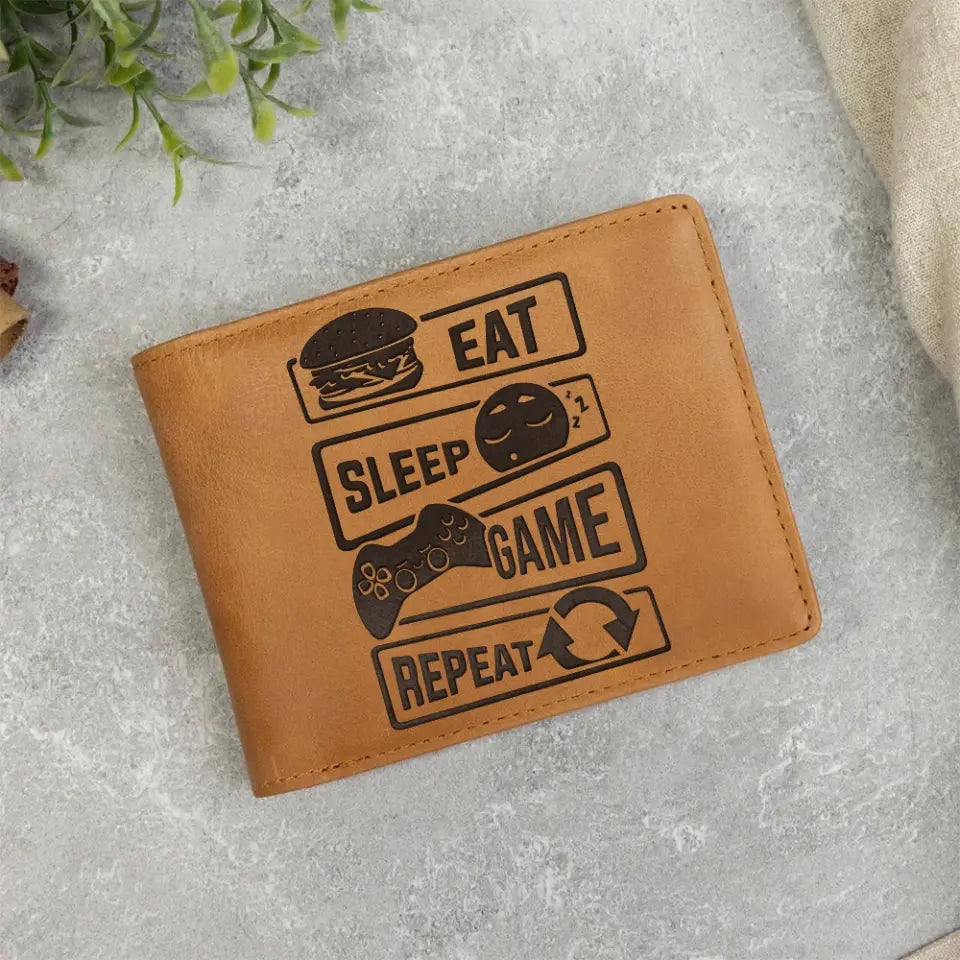 Eat Sleep Game Repeat Personalized Engraved Leather Wallet