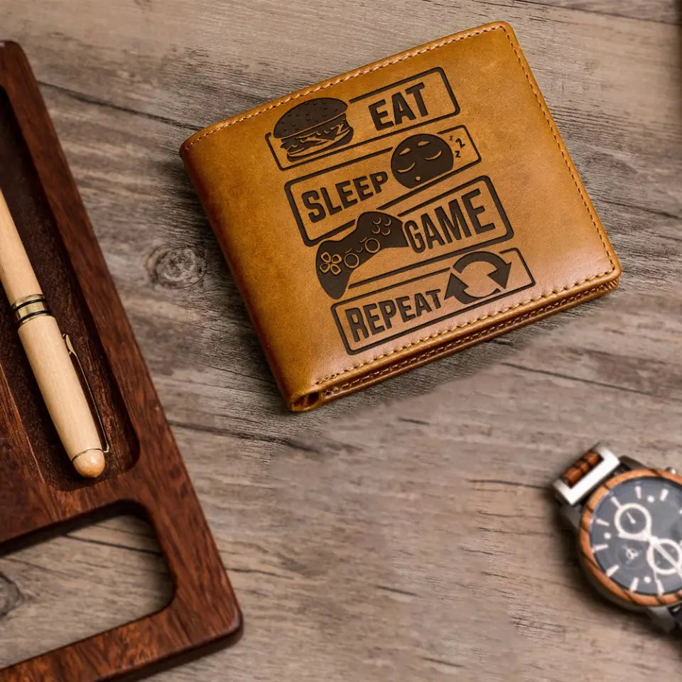 Eat Sleep Game Repeat Personalized Engraved Leather Wallet