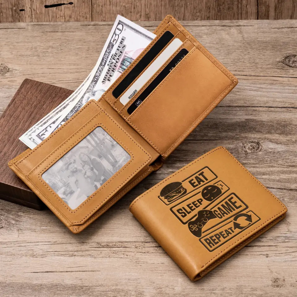 Eat Sleep Game Repeat Personalized Engraved Leather Wallet