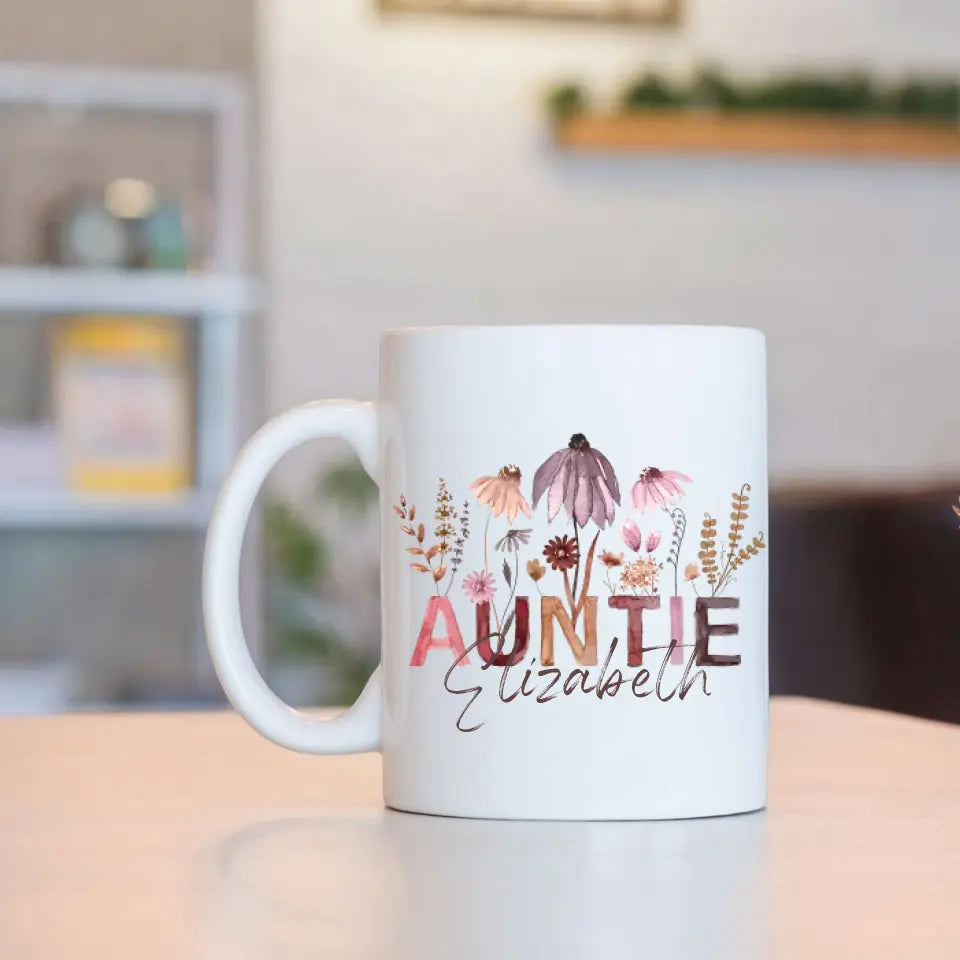 Auntie Mug with Boho Pressed Wildflowers - Personalized White Mug