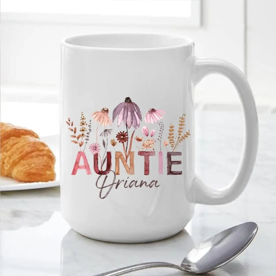 Auntie Mug with Boho Pressed Wildflowers - Personalized White Mug
