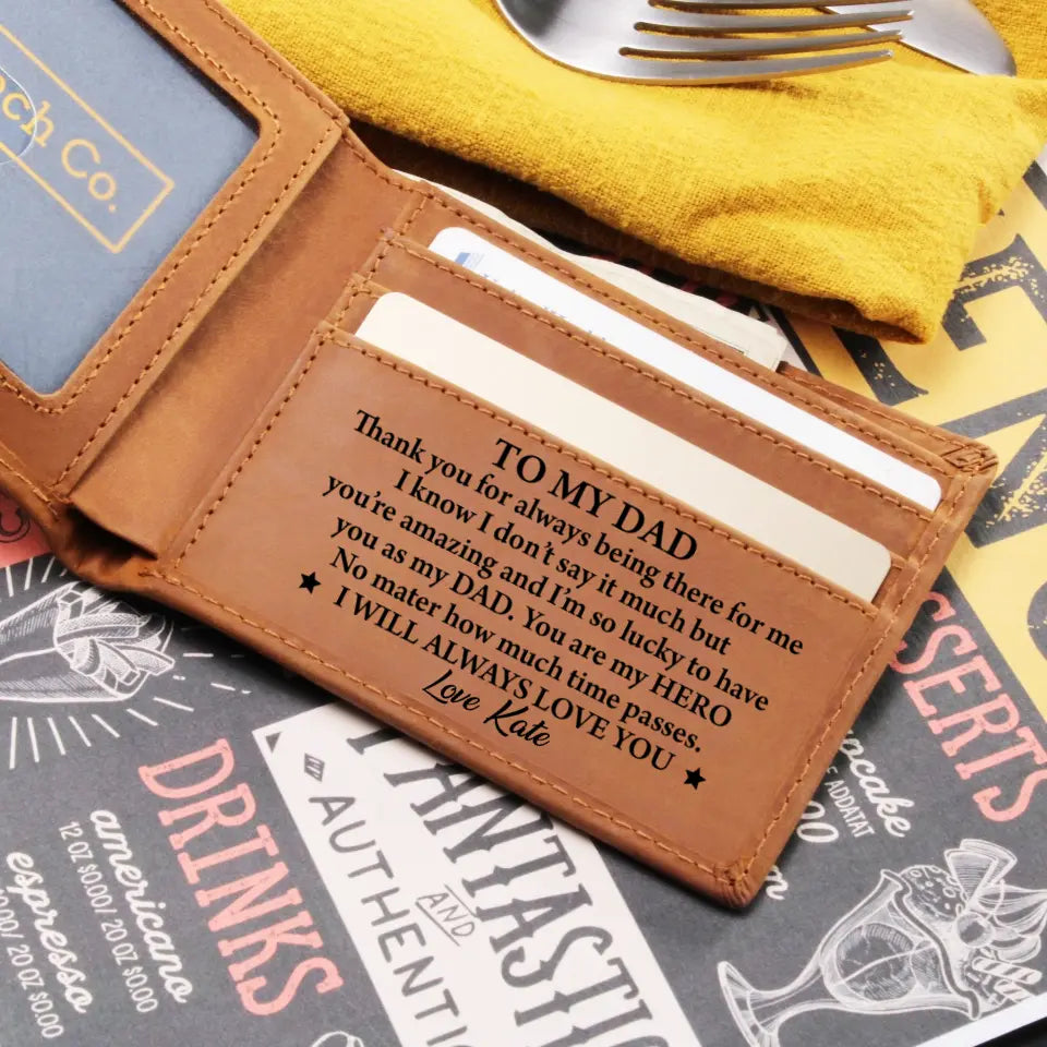 Thank You For Always There For Me - Custom Name Engraved Leather Wallet - Gift For Dad