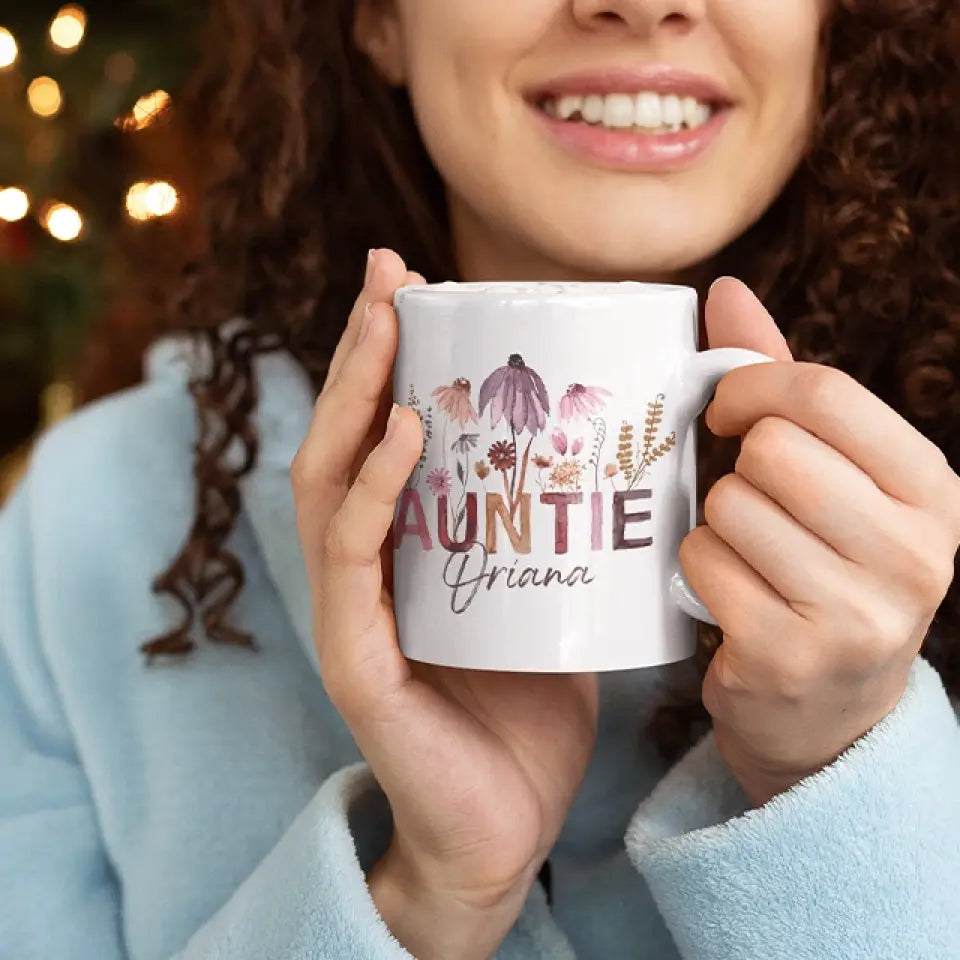 Auntie Mug with Boho Pressed Wildflowers - Personalized White Mug
