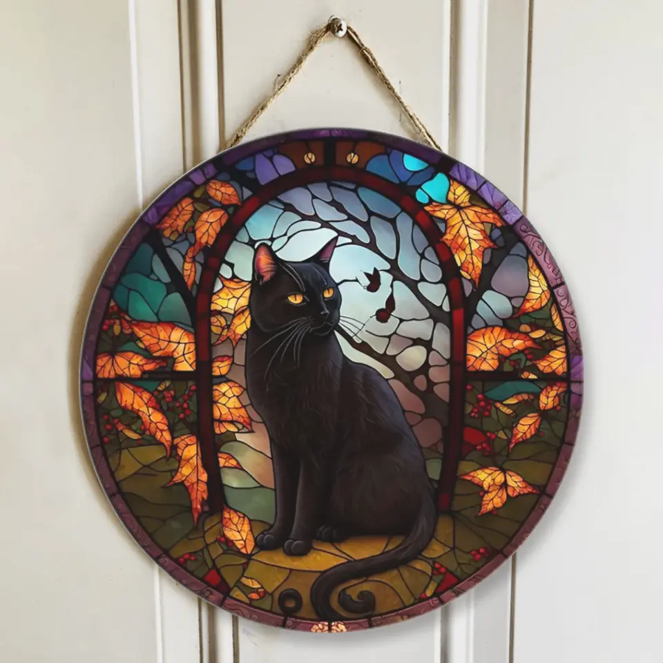 Black Cat, Door Hanger - Special Wooden Sign - Halloween Gift