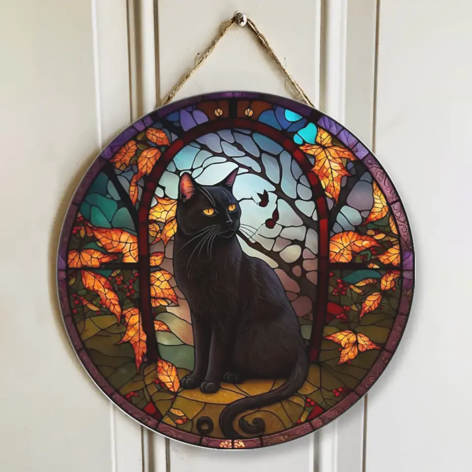 Black Cat, Door Hanger - Special Wooden Sign - Halloween Gift