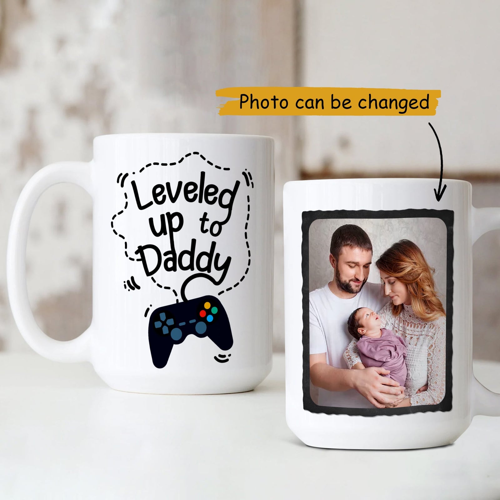 Leveled Up To Daddy Custom Photo Mug First Fathers Day Gift