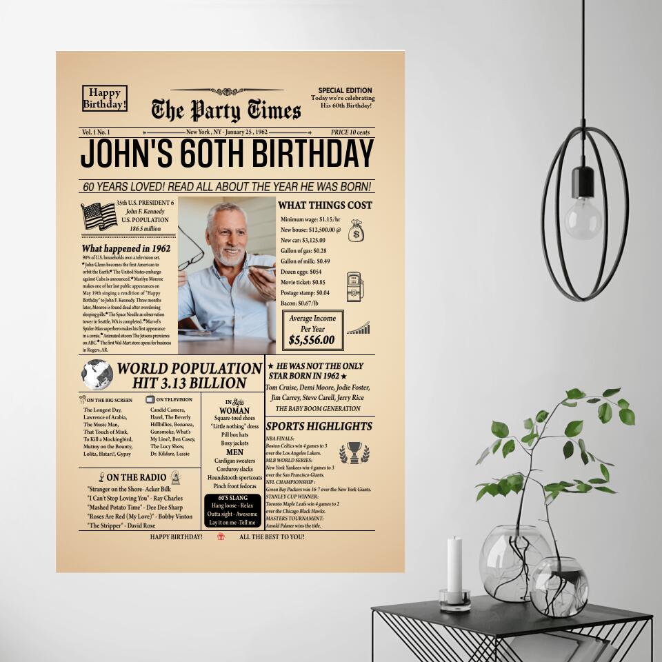 60th Birthday Gift For Him - 1962 Birthday Newspaper Poster/Canvas sign - 60th Birthday Party Decorations - Back in 1962 207HNTHCA289