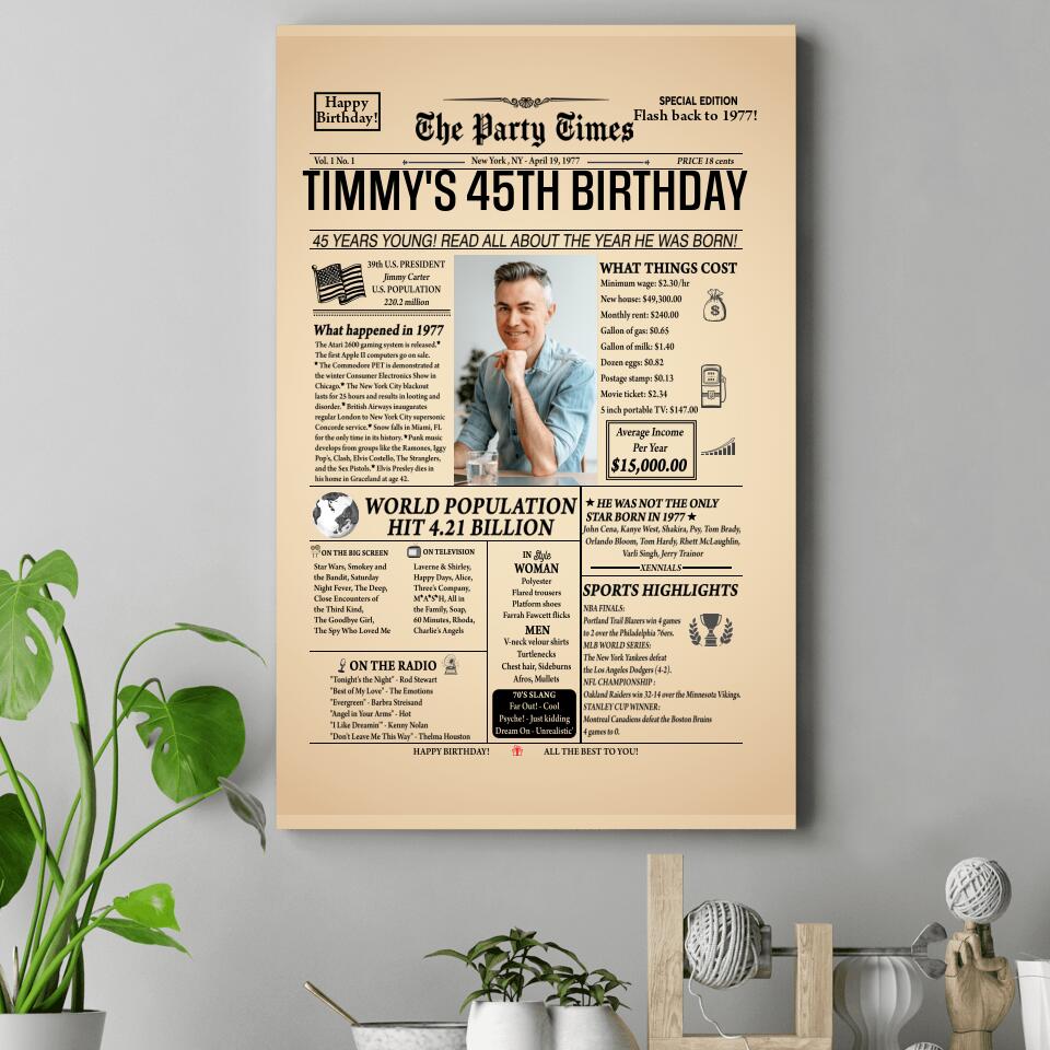 Newspaper 1977 The Party Times Custom Canvas Poster Birthday Gift For Parents