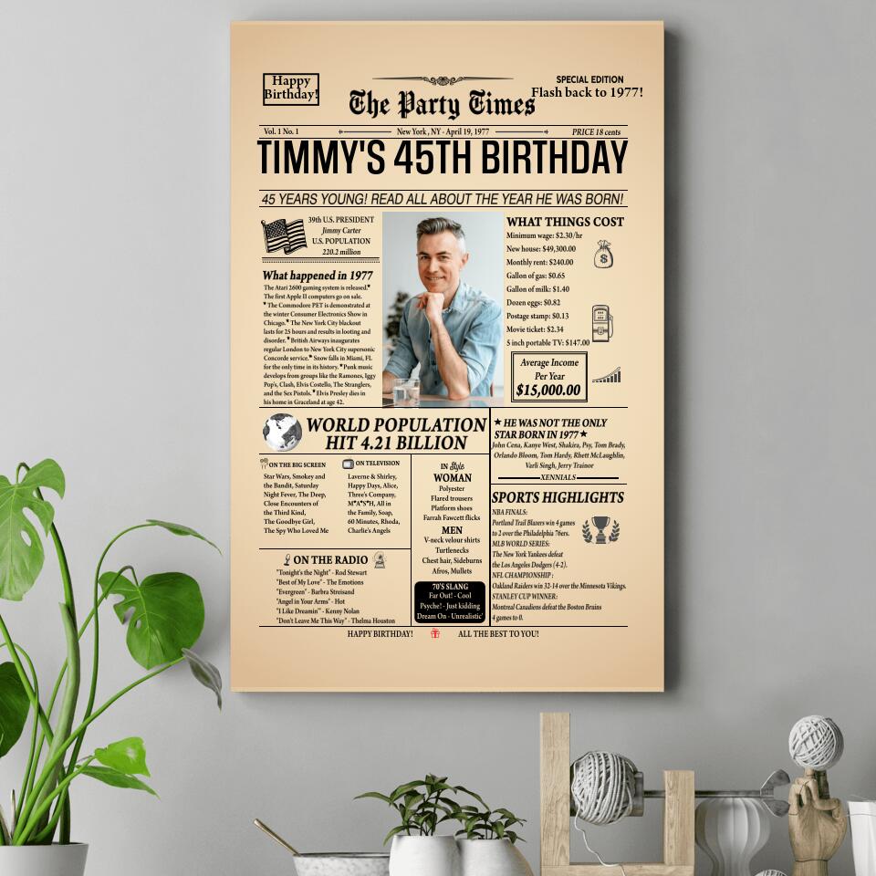 Newspaper 1977 The Party Times Custom Canvas Poster Birthday Gift For Parents