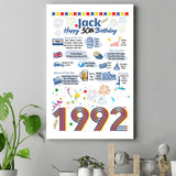 30th Birthday Gift For Him | 1992 Birthday Newspaper Poster/Canvas sign | 30th Birthday Party Decorations | Back in 1992 207HNTHCA297