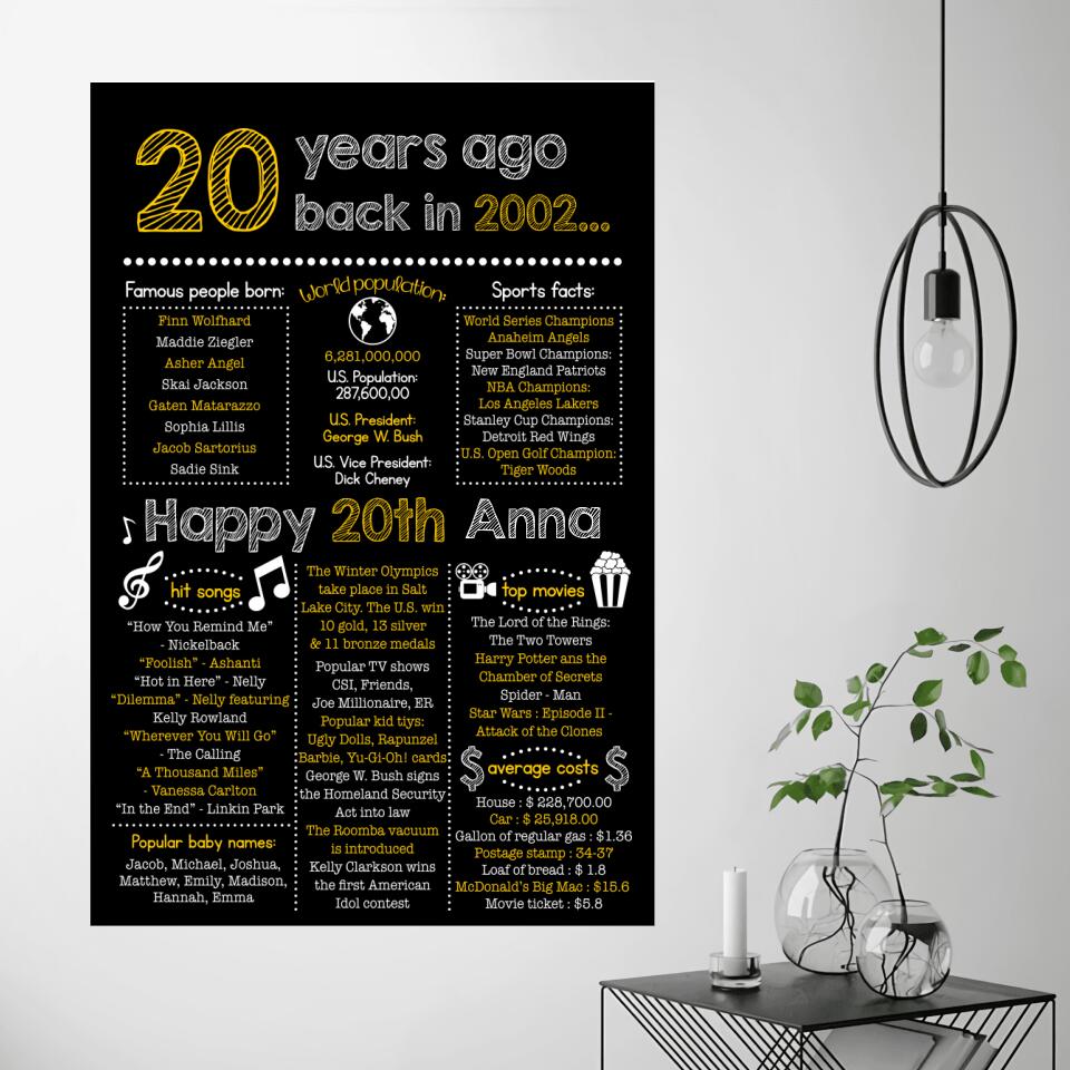 20th Birthday Gift - 2002 Birthday Newspaper Poster/Canvas sign - 20th Birthday Party Decorations - Back in 2002 207HNTTCA343