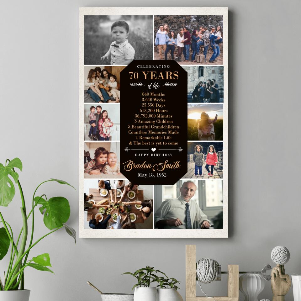Celebrating 70 Years Of Life Upload Photo Custom Canvas Poster Birthday Gift For Him