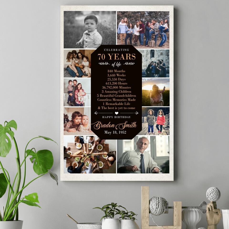Celebrating 70 Years Of Life Upload Photo Custom Canvas Poster Birthday Gift For Him