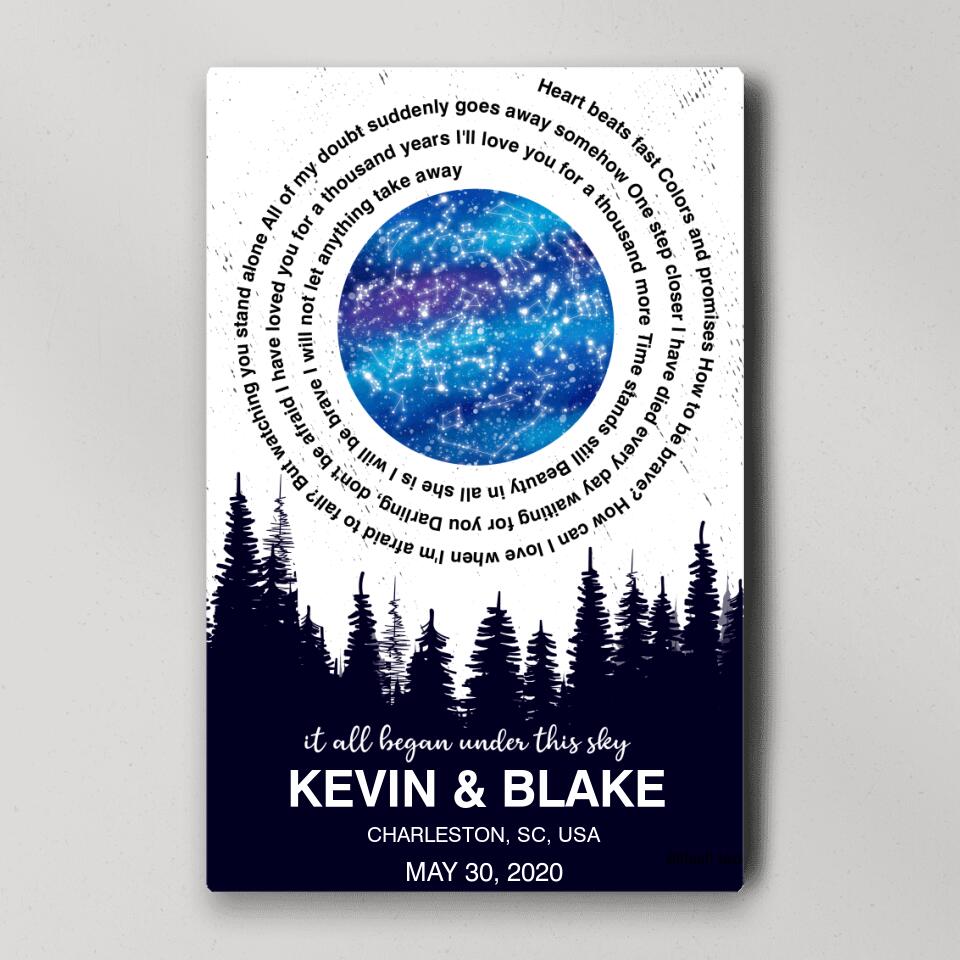 It All Began Under This Sky Favorite Song Lyrics Star Map Custom Canvas Poster Anniversary Gift For Couples