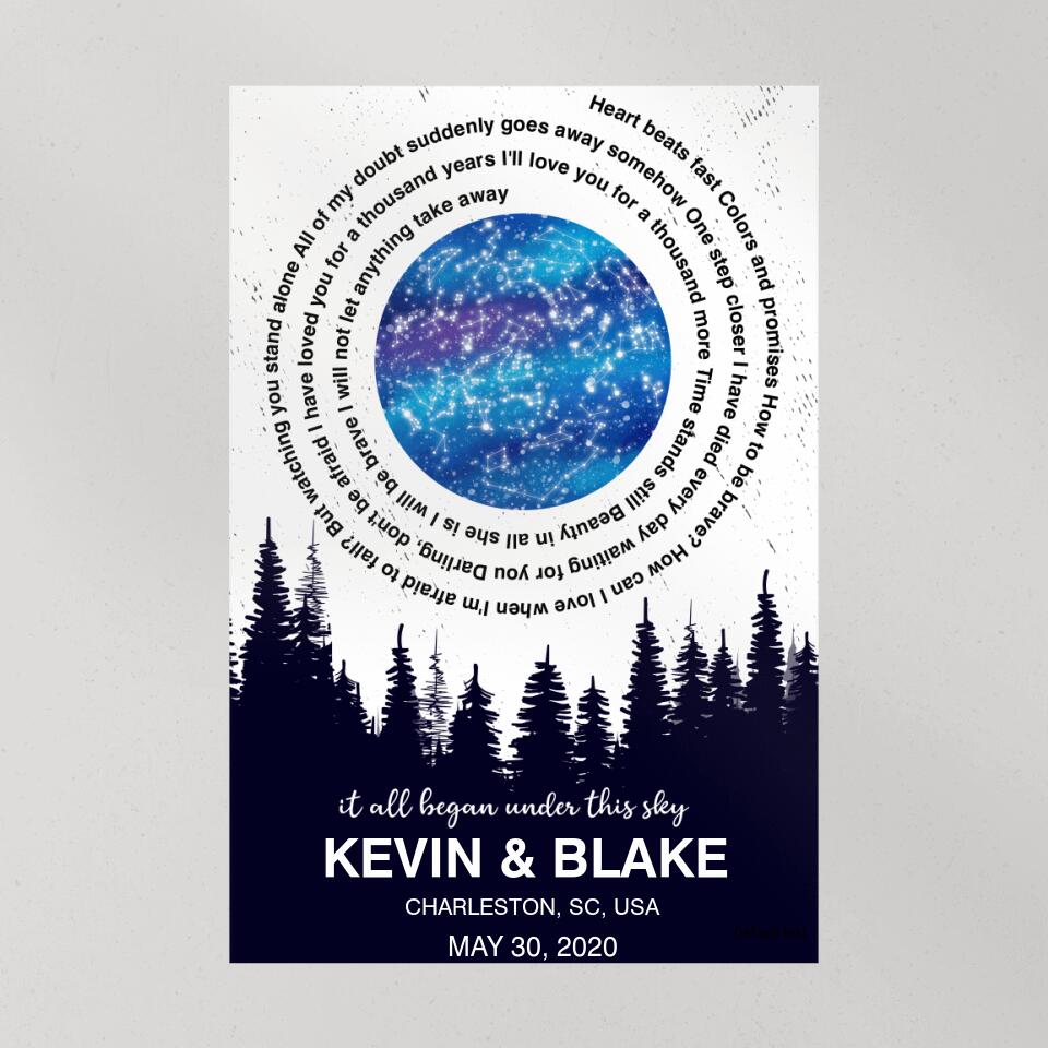 It All Began Under This Sky Favorite Song Lyrics Star Map Custom Canvas Poster Anniversary Gift For Couples
