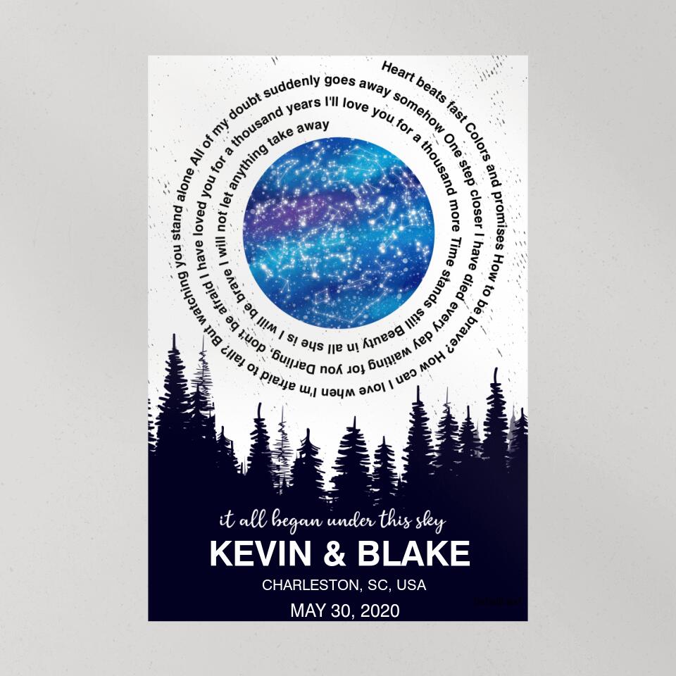It All Began Under This Sky Favorite Song Lyrics Star Map Custom Canvas Poster Anniversary Gift For Couples