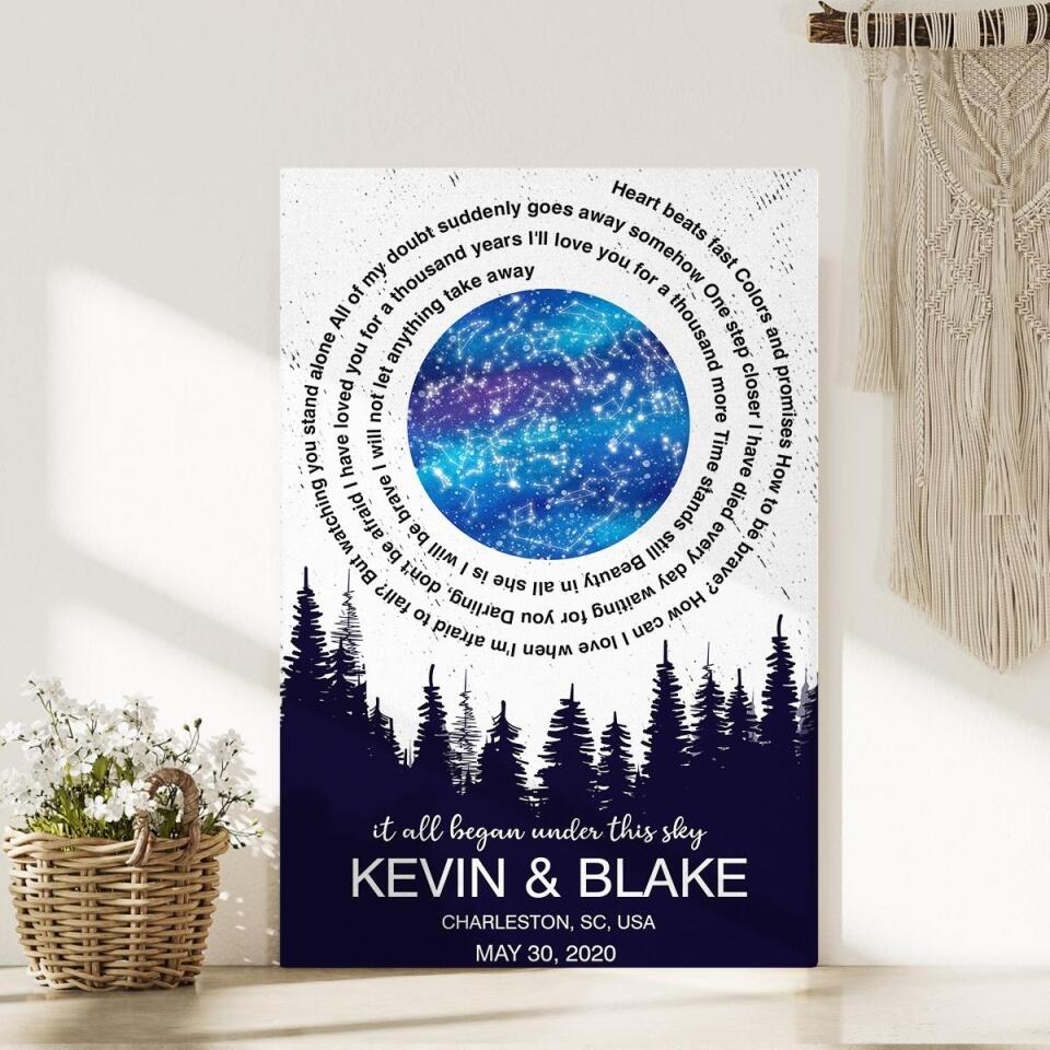 It All Began Under This Sky Favorite Song Lyrics Star Map Custom Canvas Poster Anniversary Gift For Couples
